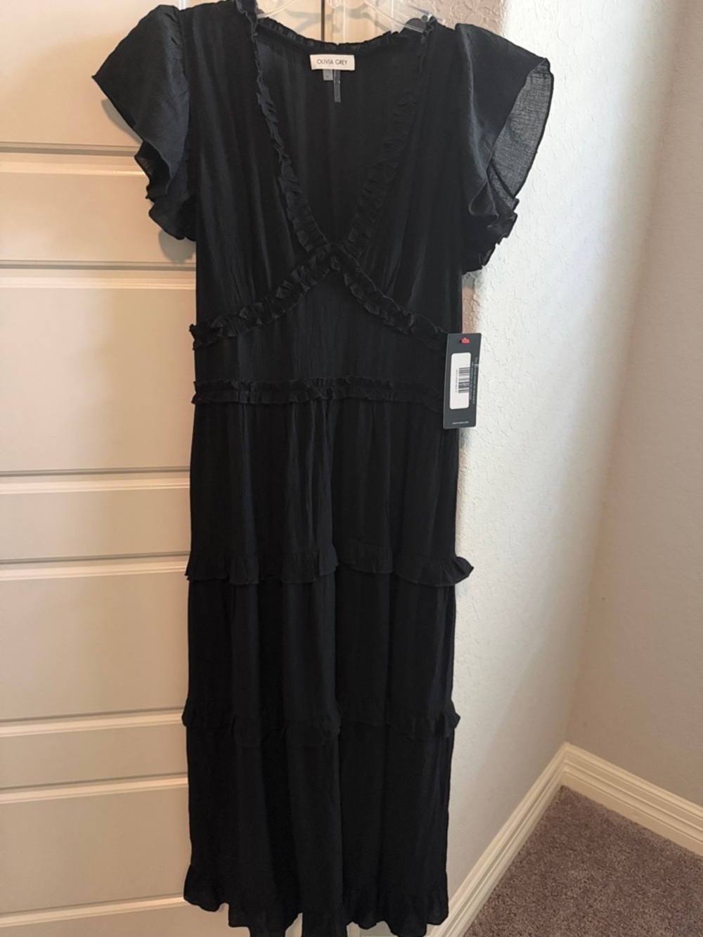 Olivia Grey Black Ruffle-Trim Maxi Dress